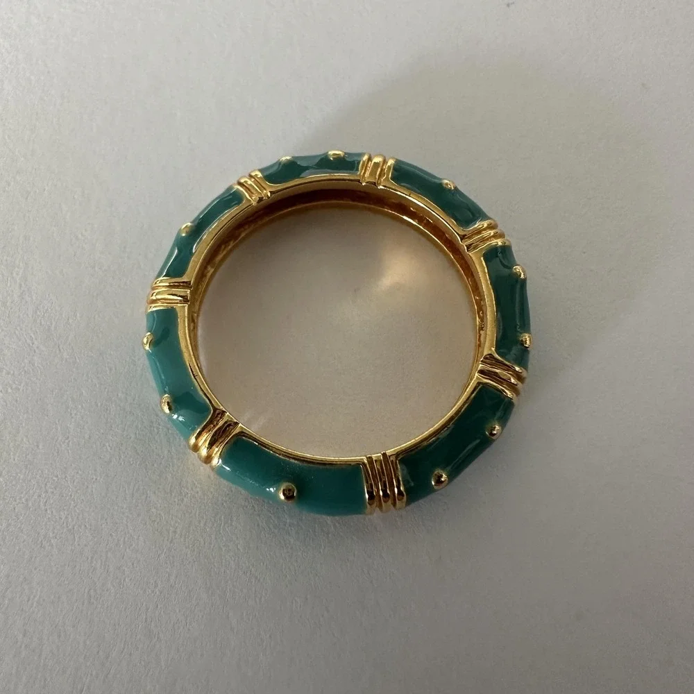 Aqua Blue Green Enamel Gold Tone Band Ring Size 7 Dotted Bamboo Stackable Boho